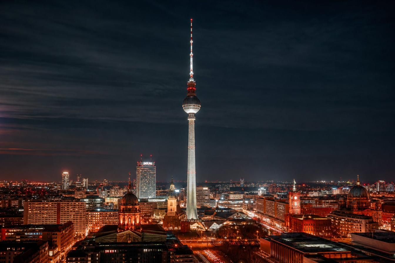 Berlin Fernsehturm bei Nacht - Symbolbild für Werbefokus, Werbeagentur für Restaurants in Berlin
